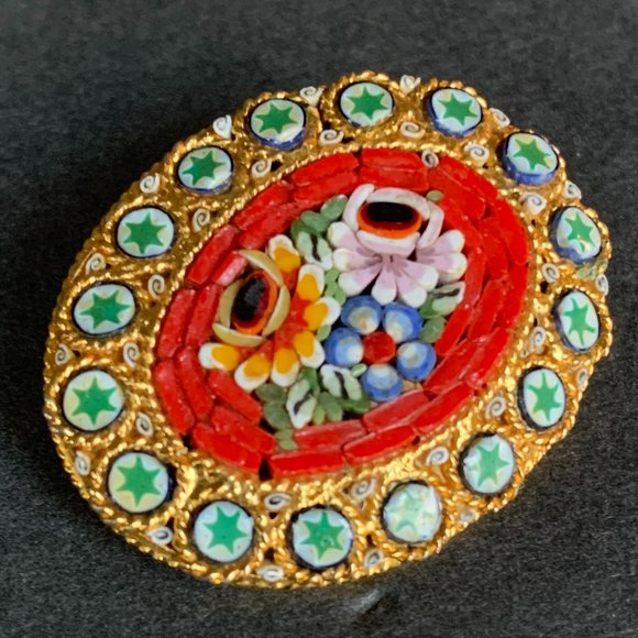 VTG Pin Micro Mosaic Italian Brooch Oval Glass Floral Red Green Gold - Picture 7 of 8